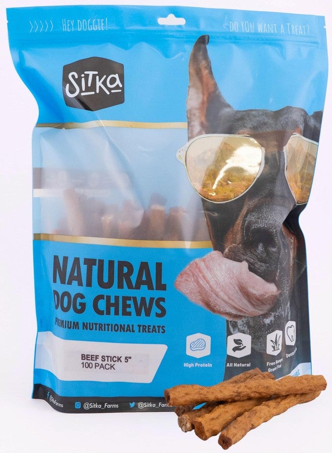 Sitka Farms Beef Sticks for Dogs 5 Inch - Crunchy Beef Munchy Sticks - 100 Count - for Small Medium and Large Dogs - Enhaced with Bully and Collagen - Image 1